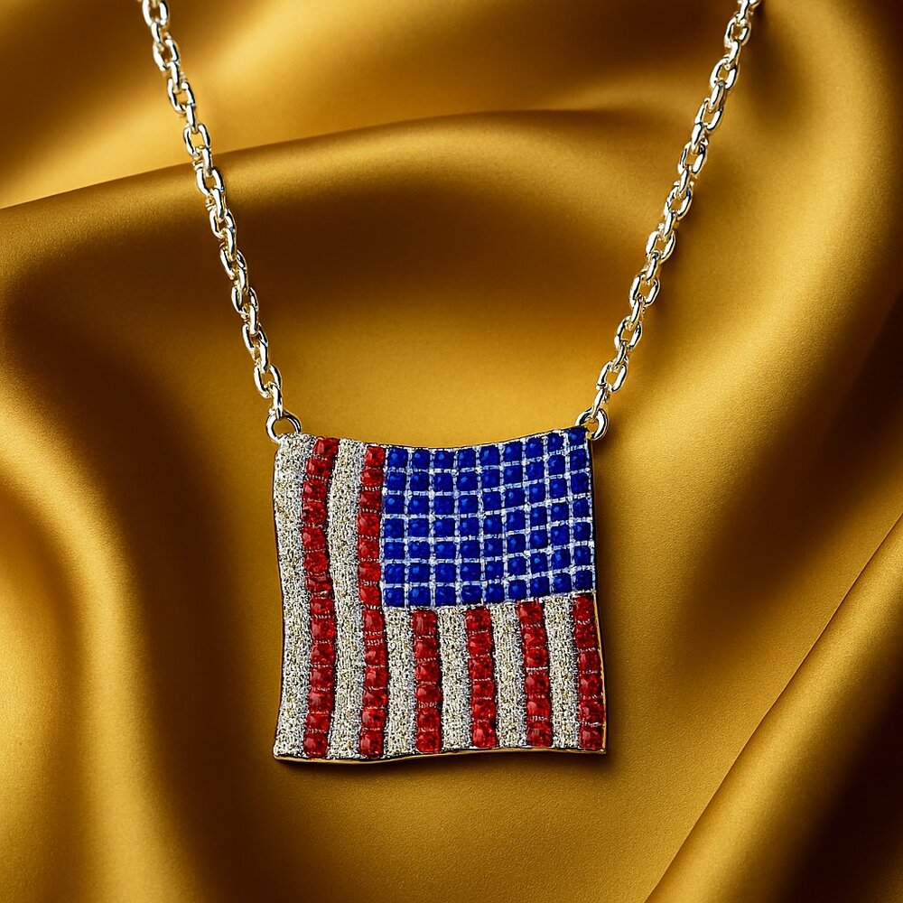 Silver American Flag Pendant Necklace – Red, White, Blue Patriotic Jewelry Women